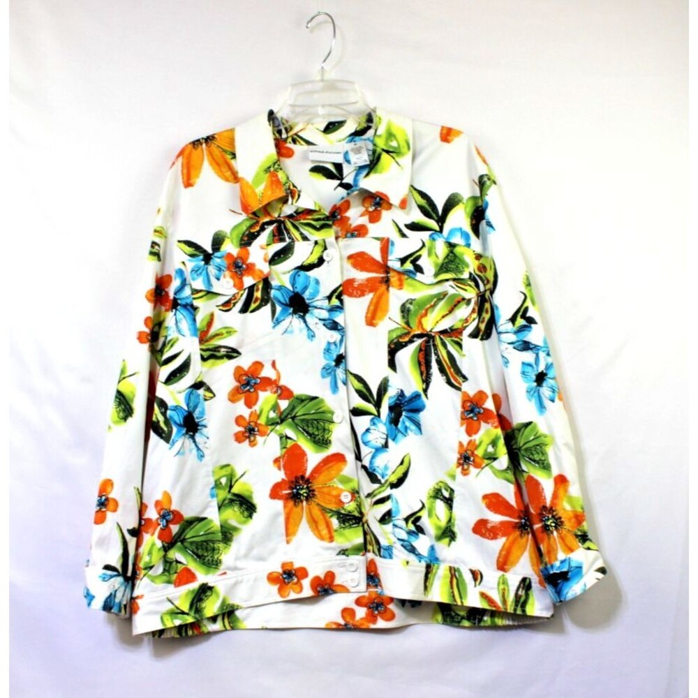 Alfred Dunner Womans Unlined Jacket Buttons Bright Floral Print on White Size 20